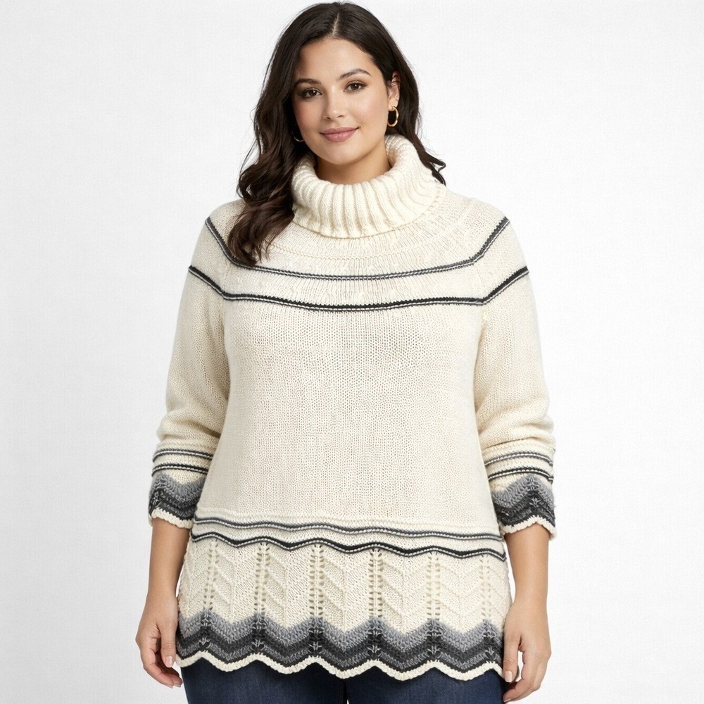 Chevron Knit Turtleneck Tunic Sweater Winter Neutral Ski Preppy Womens 1X 22/24